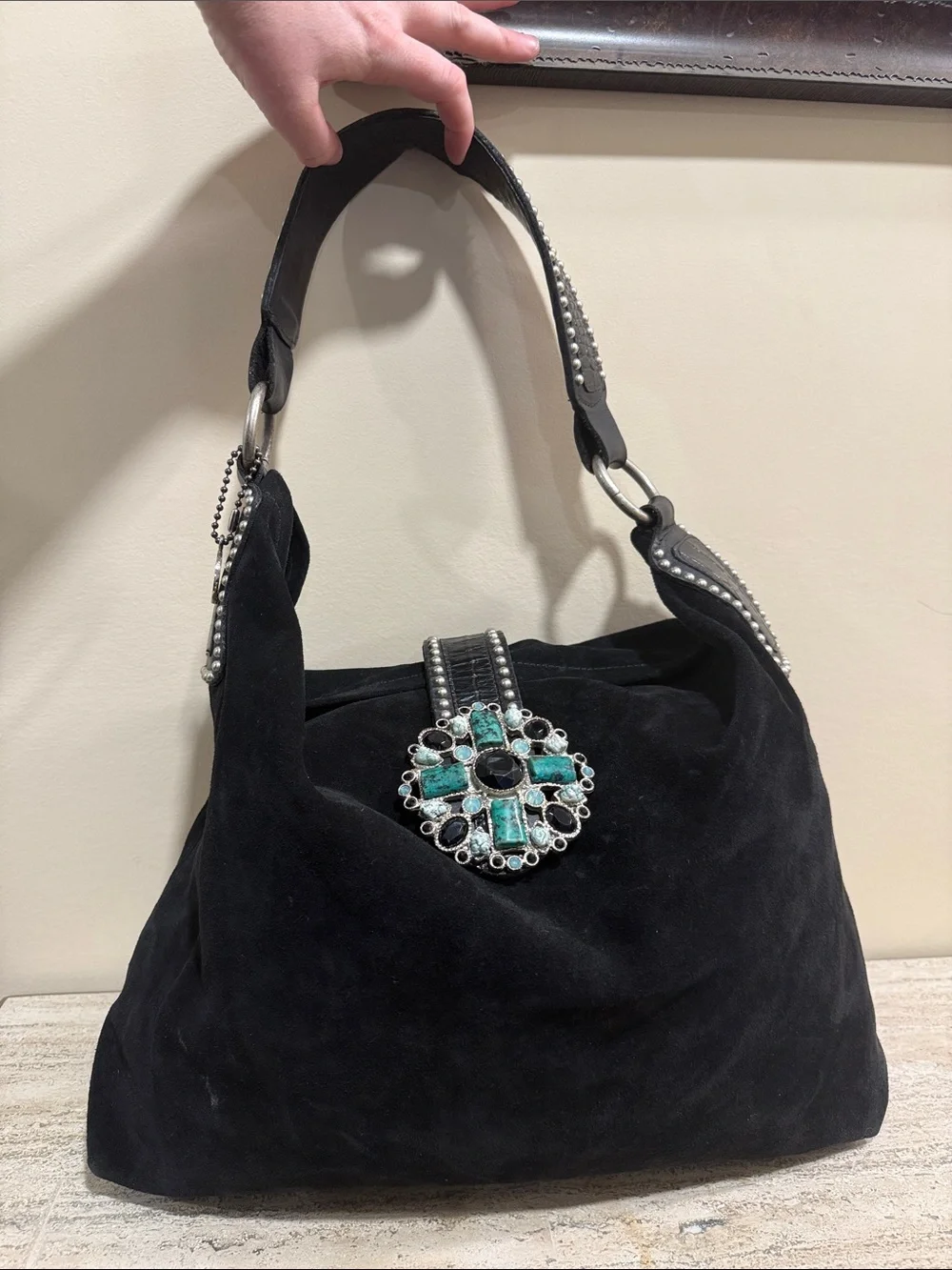 Leatherock Black Suede Hobo with Turquoise Jewel Medallion